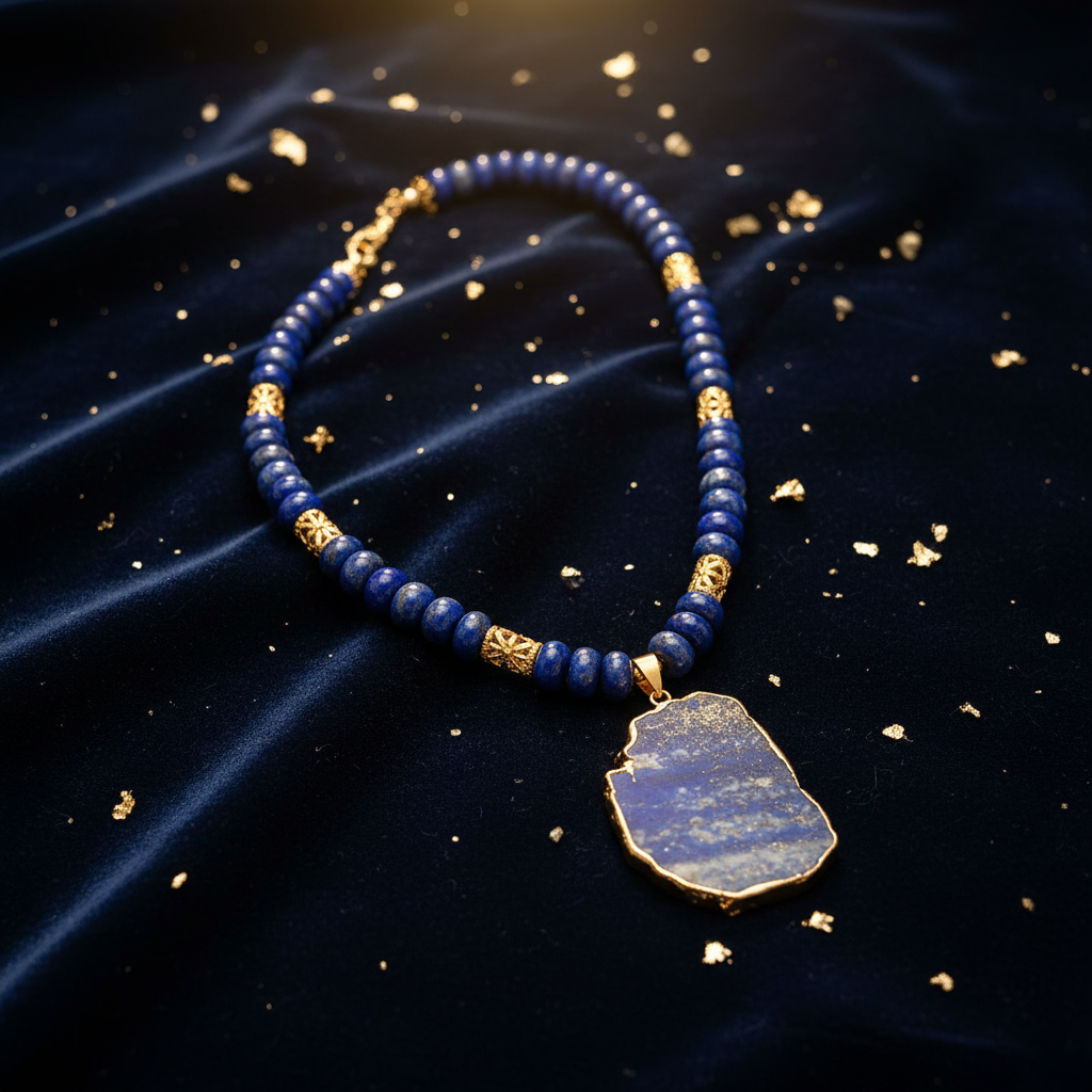 Midnight Lapis Statement Necklace flat lay navy velvet gold leaf
