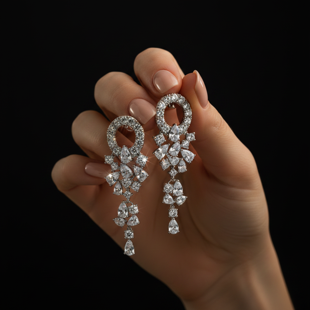 Crystal Cascade Earrings close-up in hand black background