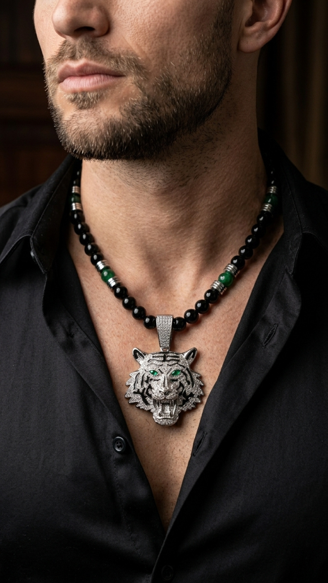 Leaf Dragon necklace worn with a black shirt