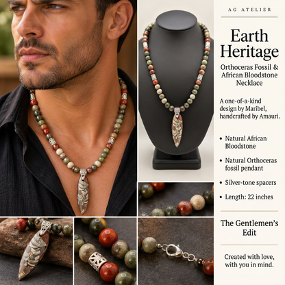Earth Heritage Men's African Bloodstone & Orthoceras Fossil Necklace