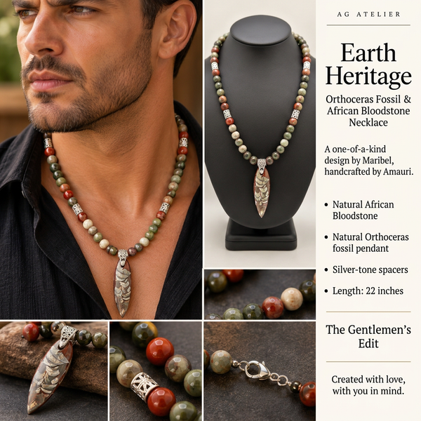 Earth Heritage Men's African Bloodstone & Orthoceras Fossil Necklace