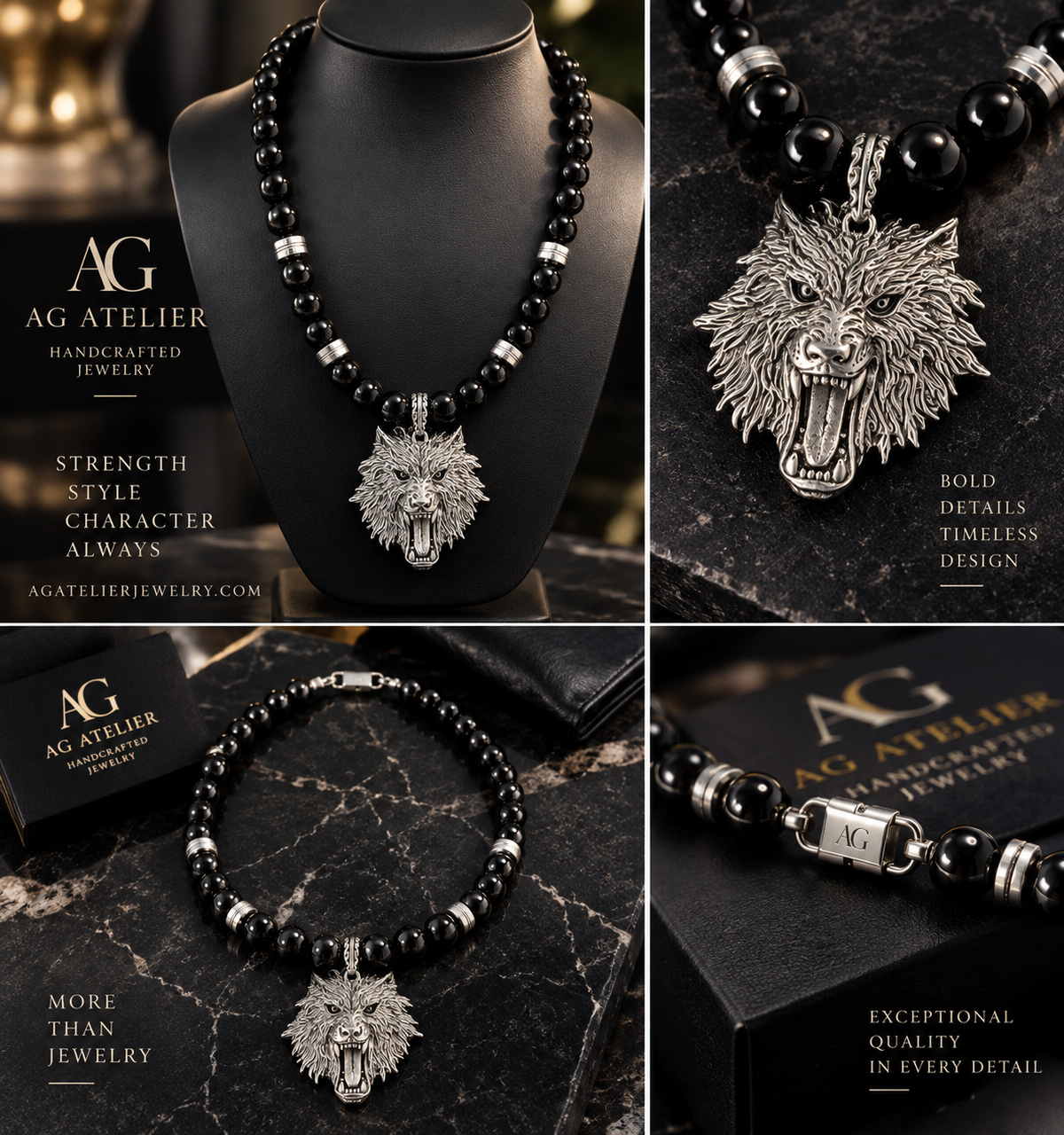 Silver Wolf Onyx Necklace - Collage AG Atelier