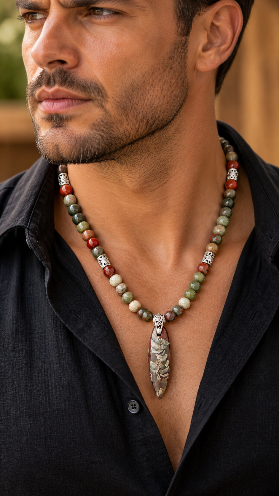 Earth Heritage Men's African Bloodstone & Orthoceras Fossil Necklace