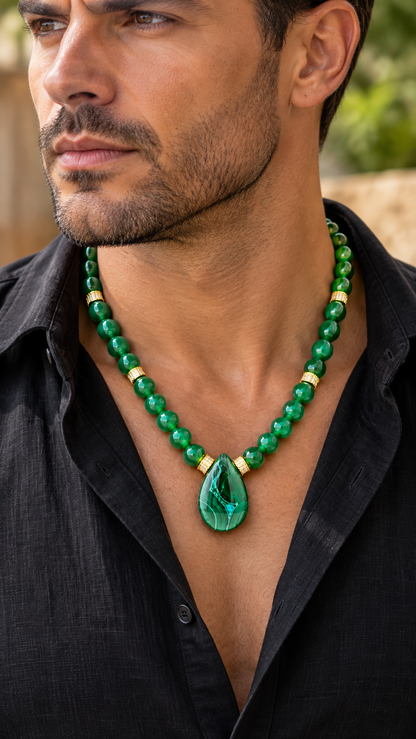 Malakita Unisex Natural Malachite Leaf Pendant Necklace
