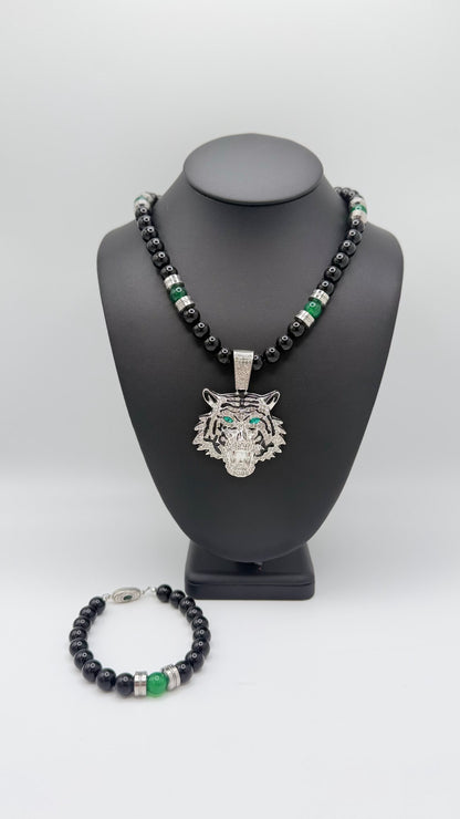 Leaf Dragon black and green necklace with silver-tone feline pendant and matching bracelet