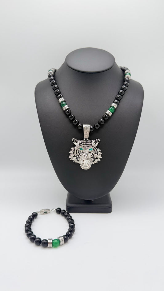 Leaf Dragon black and green necklace with silver-tone feline pendant and matching bracelet