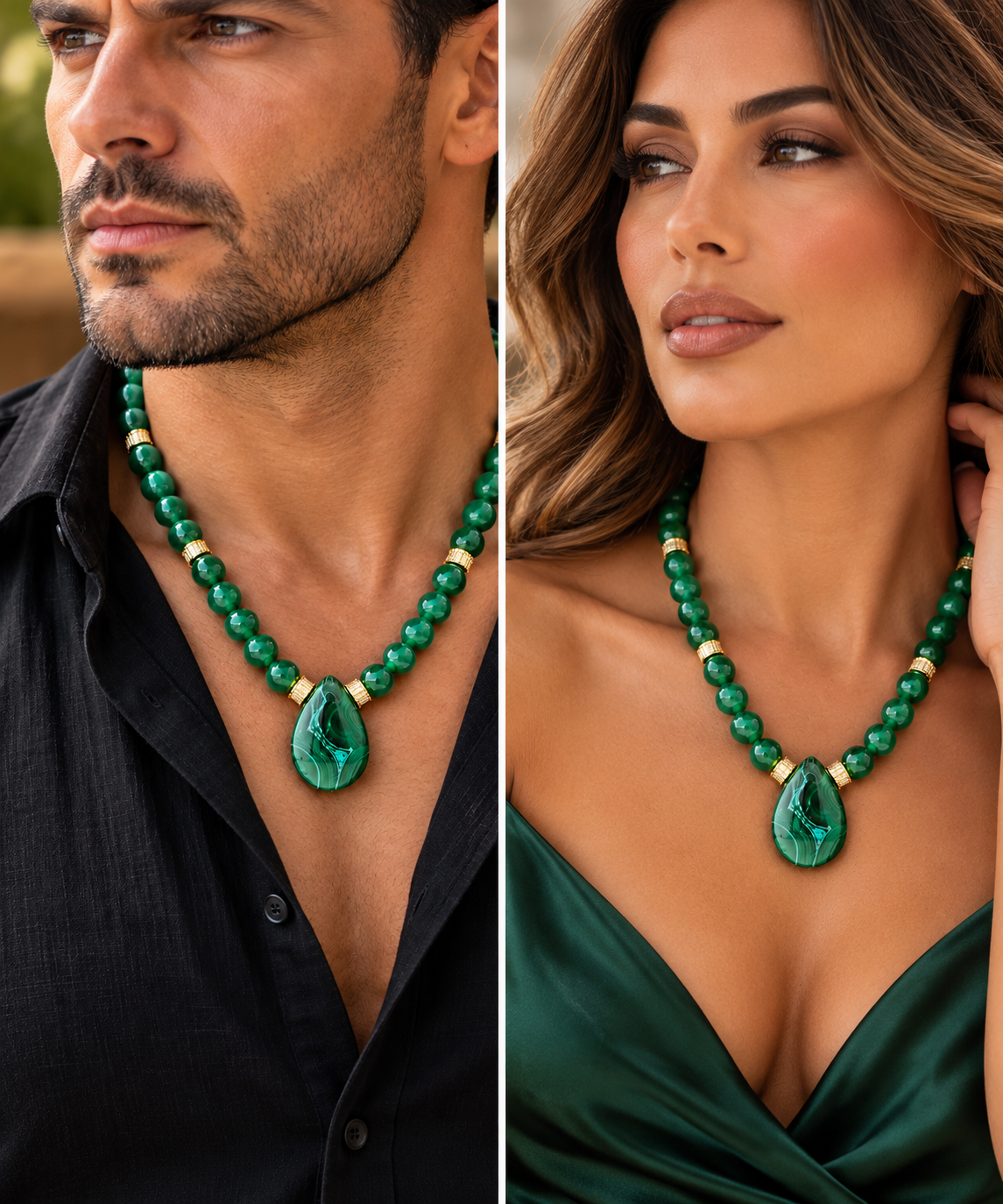 Malakita Unisex Natural Malachite Leaf Pendant Necklace