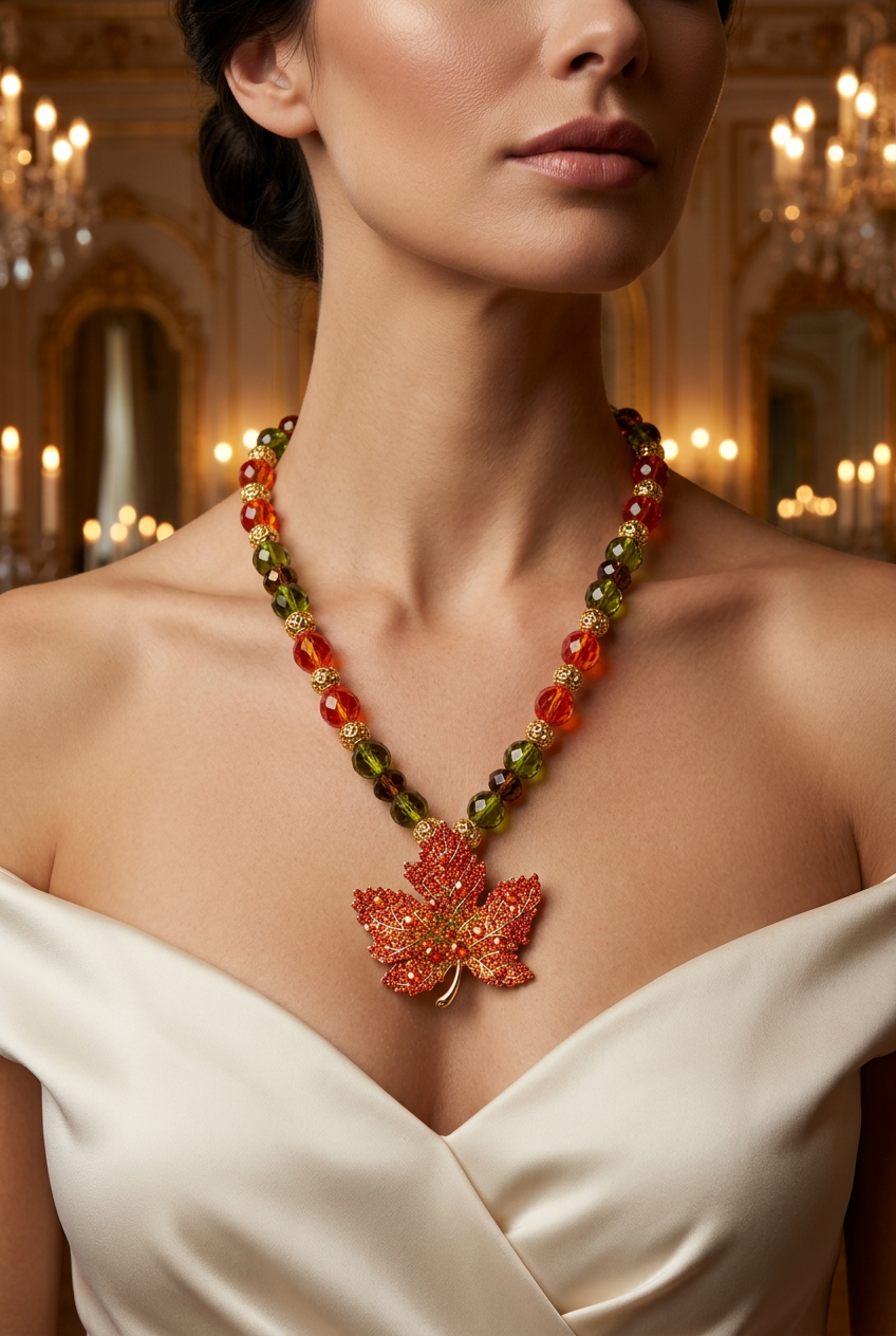 Autumn leaf necklace styled on a female model in a luxury candlelit setting