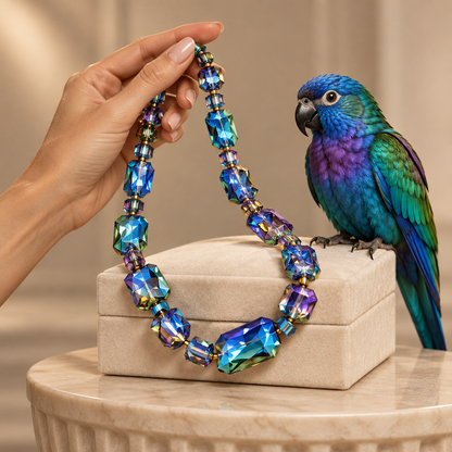 Collar Aurora de Cristal con caja de regalo y cotorra azul, morada y verde