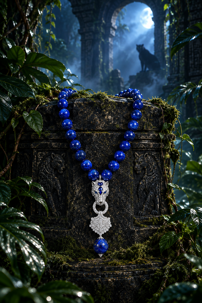 Collar azul en templo nocturno con silueta de pantera