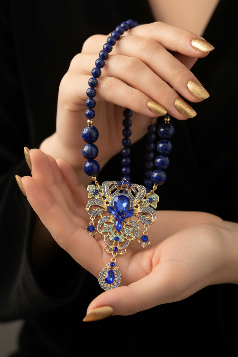 Collar azul royal en mano