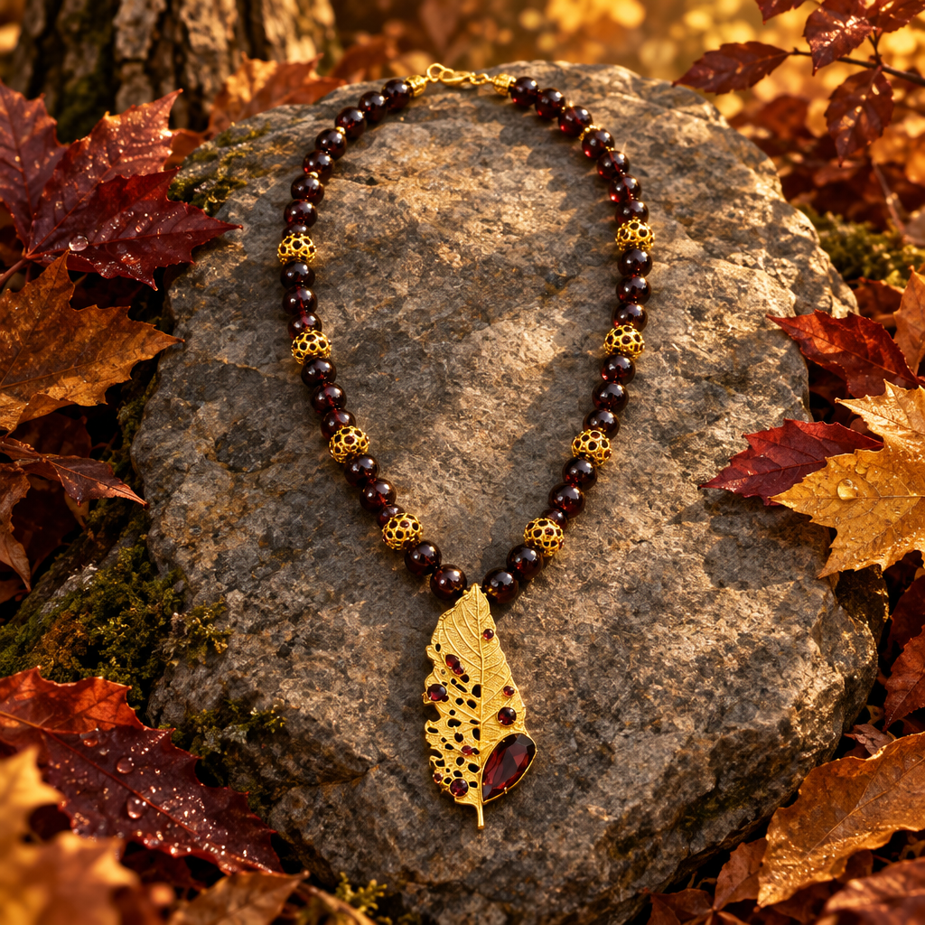 Collar con colgante de hoja sobre piedra y hojas de otoño