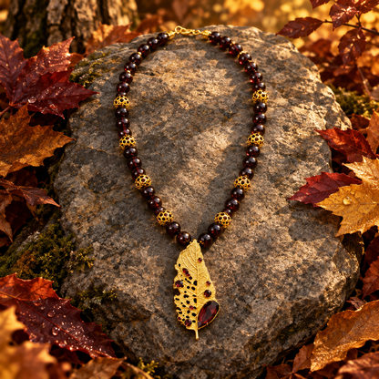 Collar con colgante de hoja sobre piedra y hojas de otoño