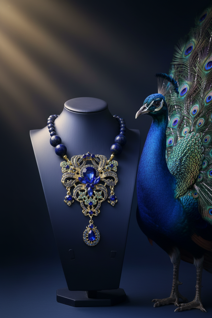 Collar con pavo real azul