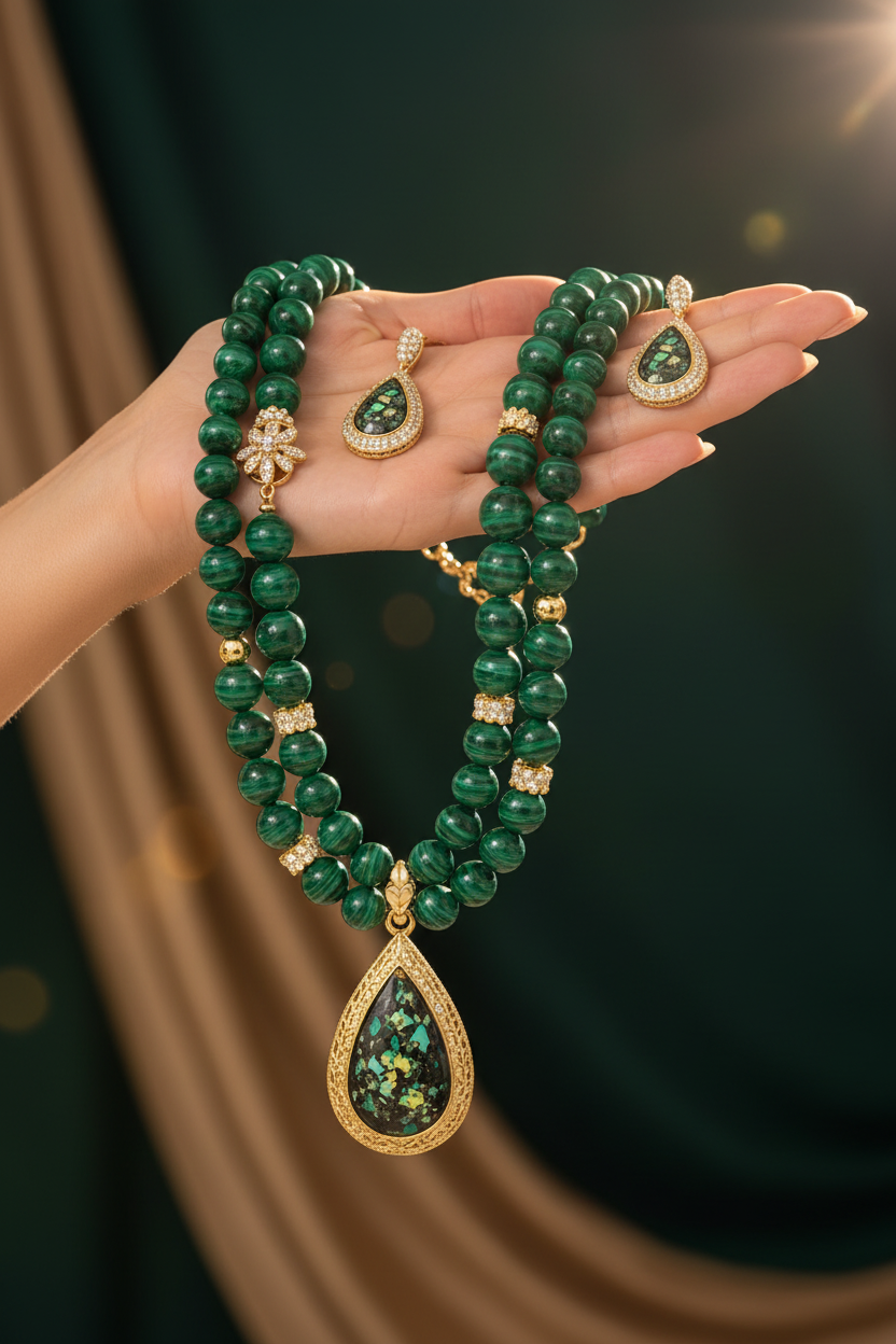 Collar de malaquita presentado en una mano