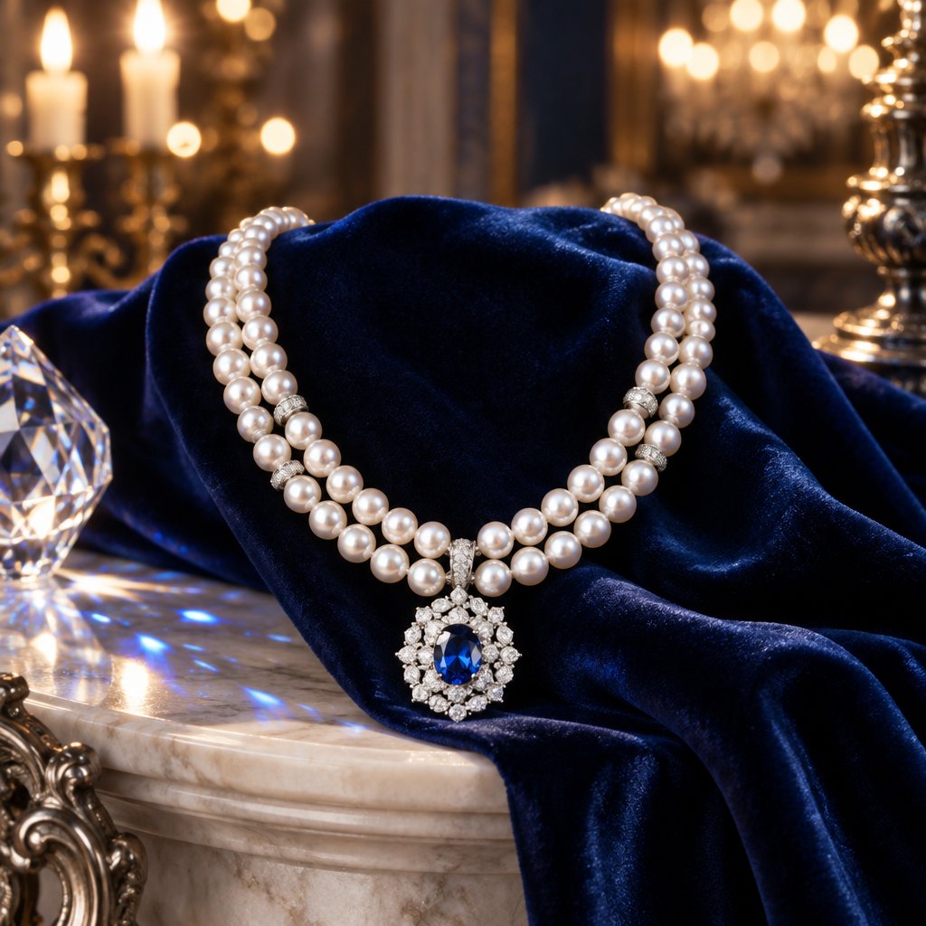 Collar de perlas y gema azul sobre terciopelo azul medianoche