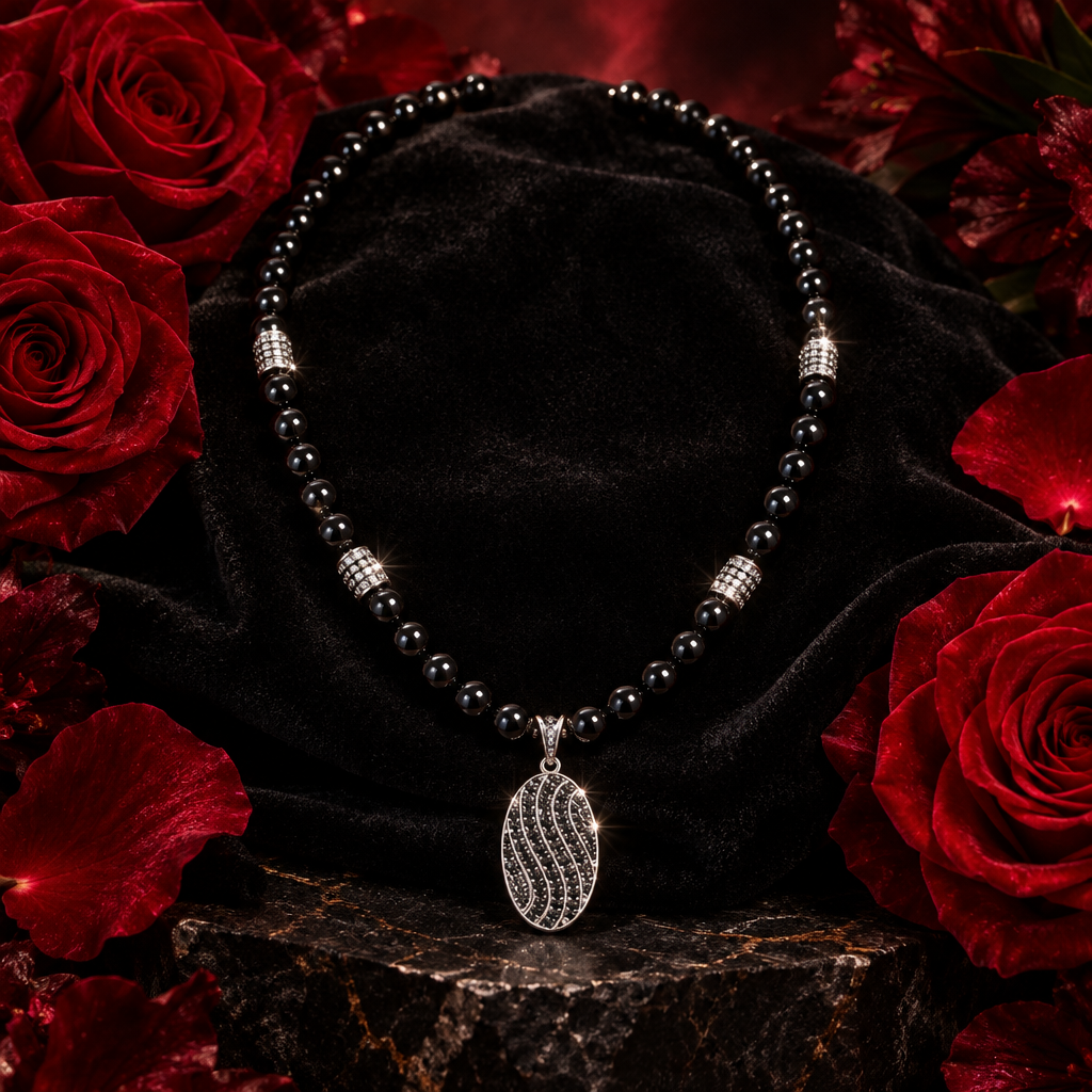Collar negro brillante rodeado de rosas rojas