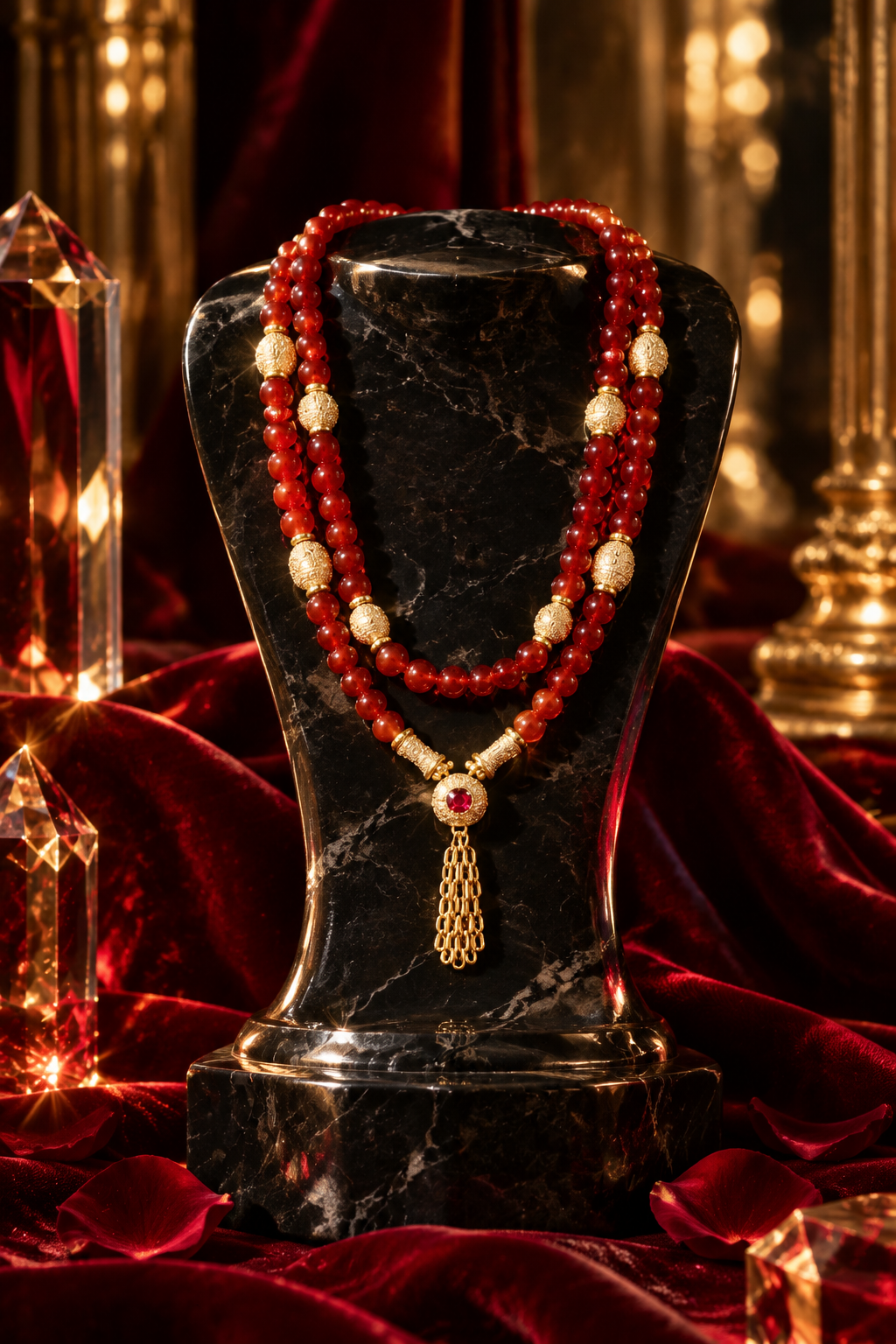 Collar rojo sobre pedestal de mármol negro en escena de alta joyería