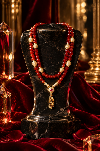 Collar rojo sobre pedestal de mármol negro en escena de alta joyería
