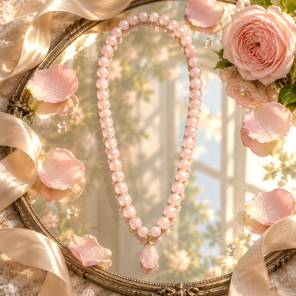Collar rosado sobre espejo antiguo con pétalos y seda