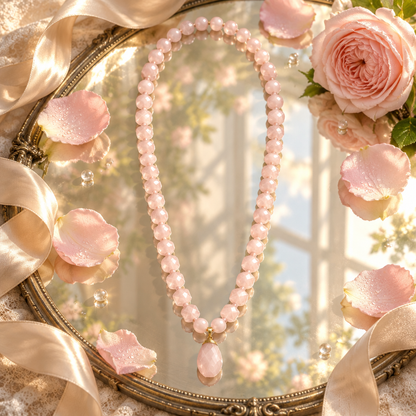 Collar rosado sobre espejo antiguo con pétalos y seda
