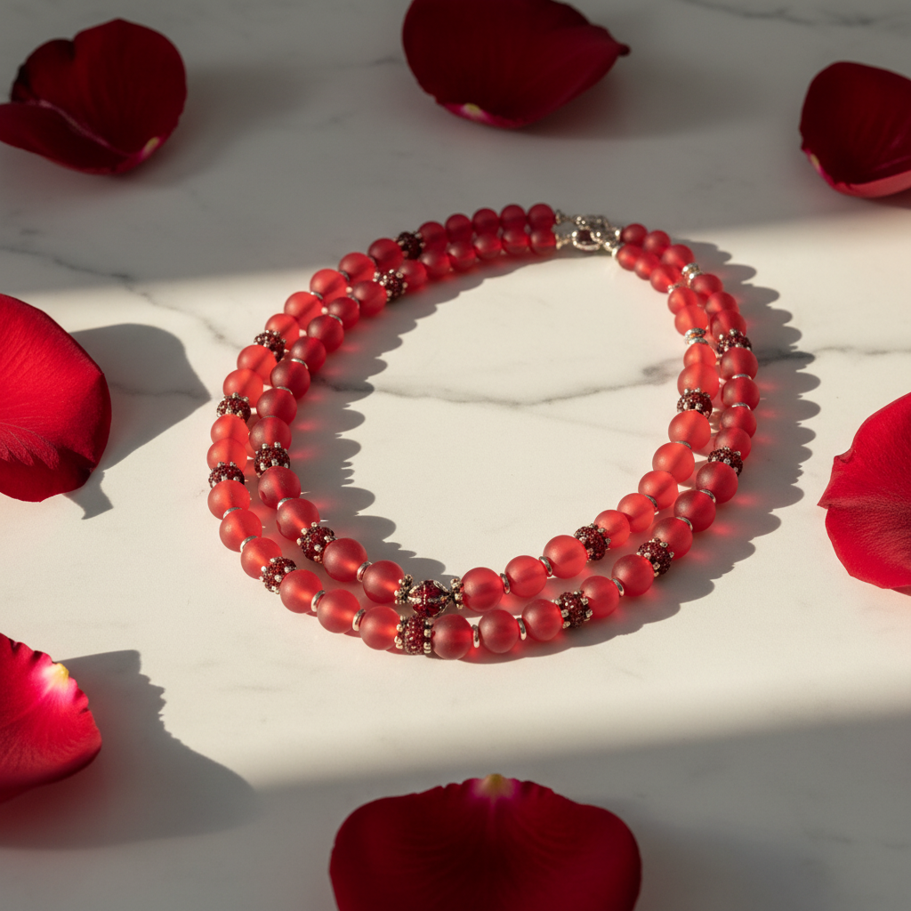 Ruby Nocturne Necklace flat lay on marble with rose petals