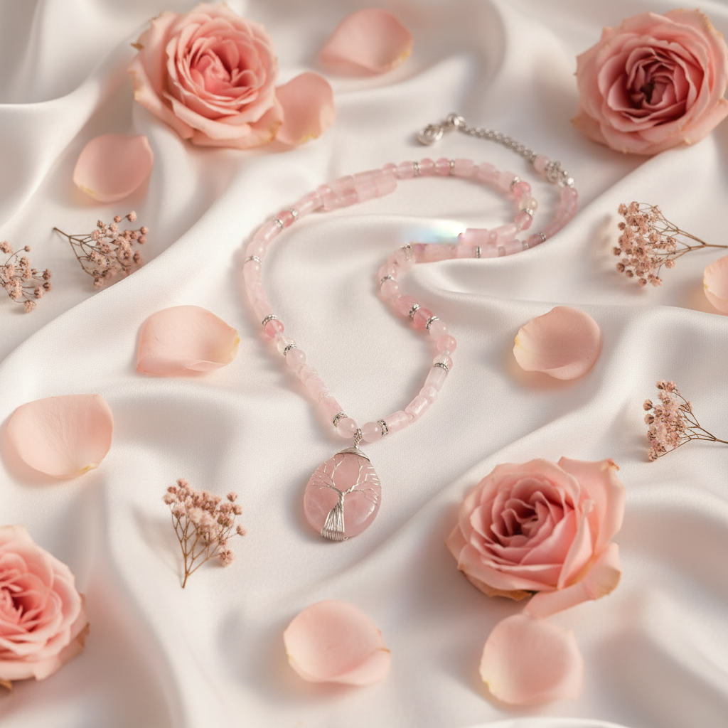 Blushing Grace Necklace flat lay on silk with rose petals