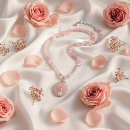 Blushing Grace Necklace flat lay on silk with rose petals
