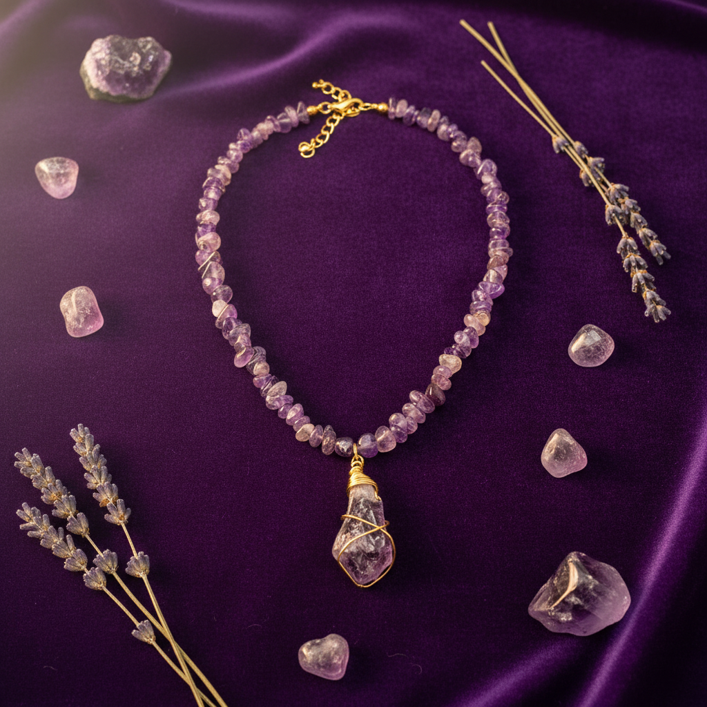 Amethyst Essence Necklace flat lay on velvet with lavender