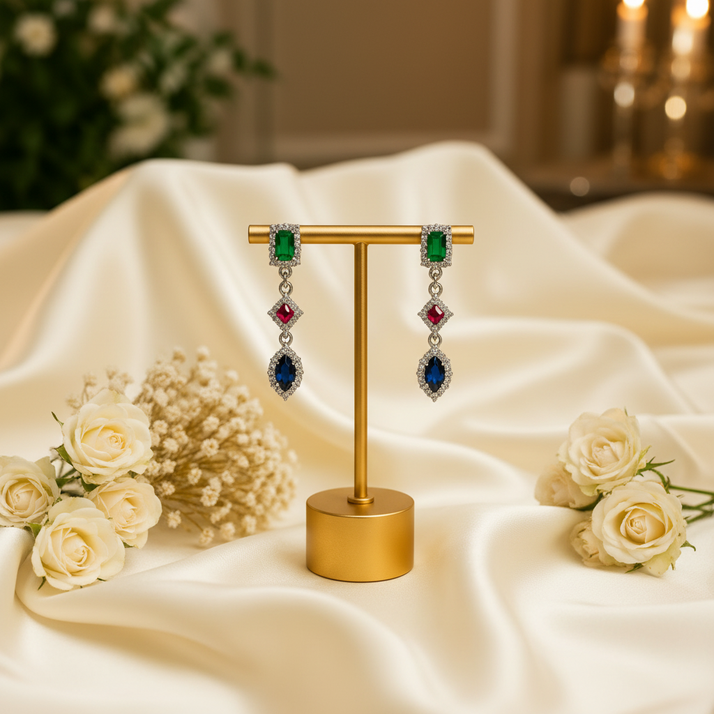 Royal Linear Earrings flat lay on silk with roses