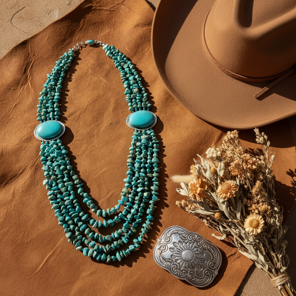 Desert Cascade Necklace western flat lay leather cowboy hat