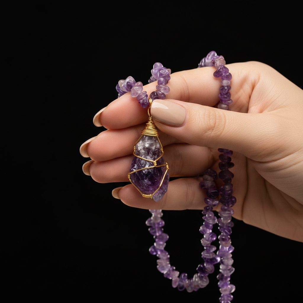 Amethyst Essence Necklace close-up in hand black background