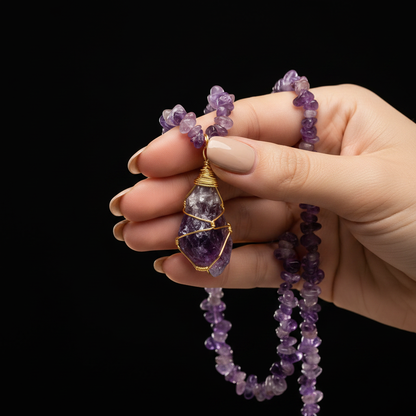 Amethyst Essence Necklace close-up in hand black background