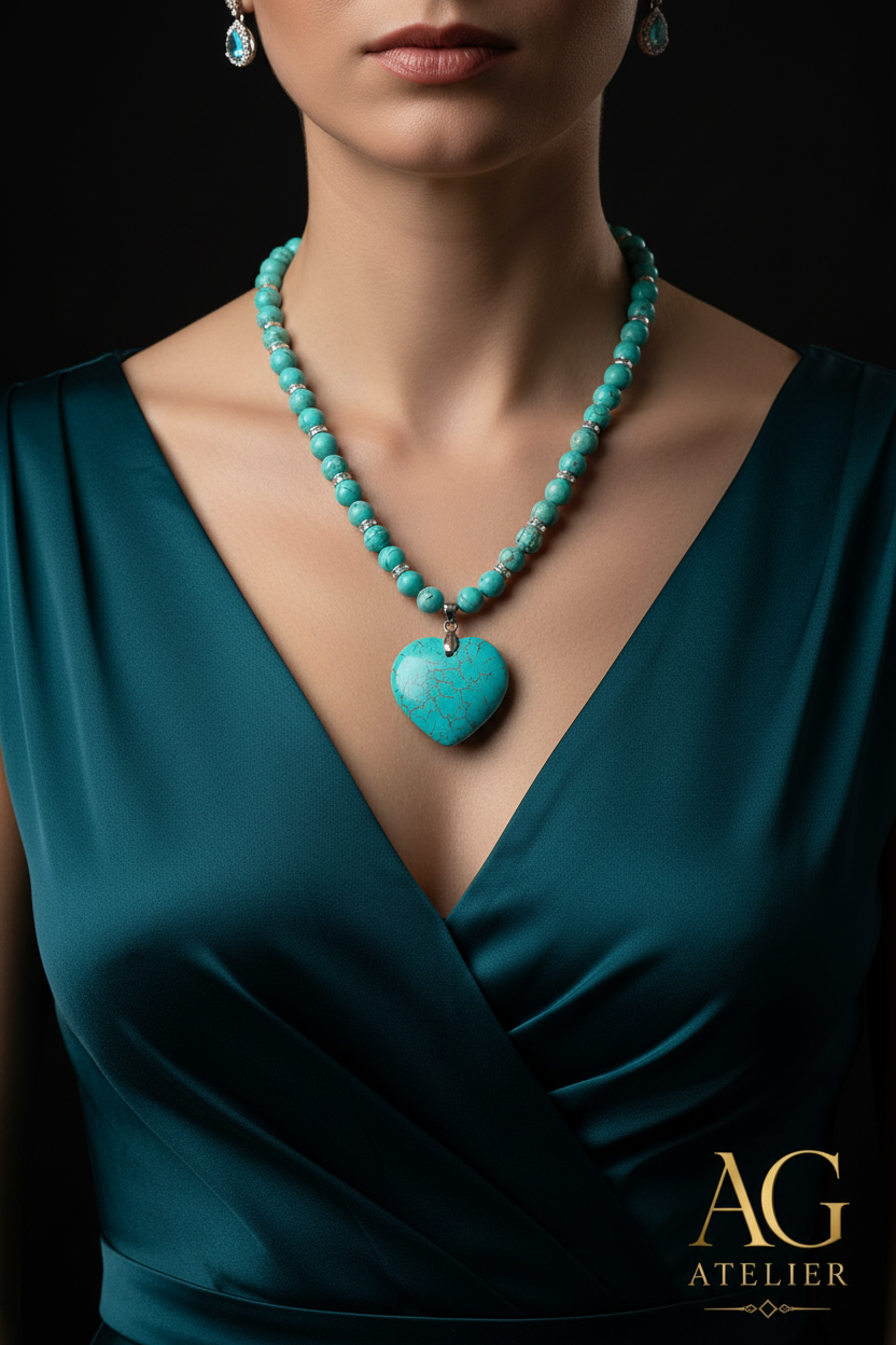 Turquoise Heart Necklace luxury editorial model evening gown