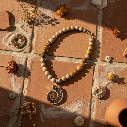 Ancient Earth — flat lay en terracota con arena y fósiles