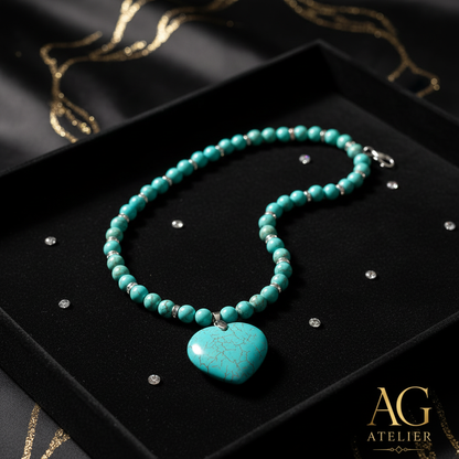 Turquoise Heart Necklace luxury flat lay black velvet diamonds