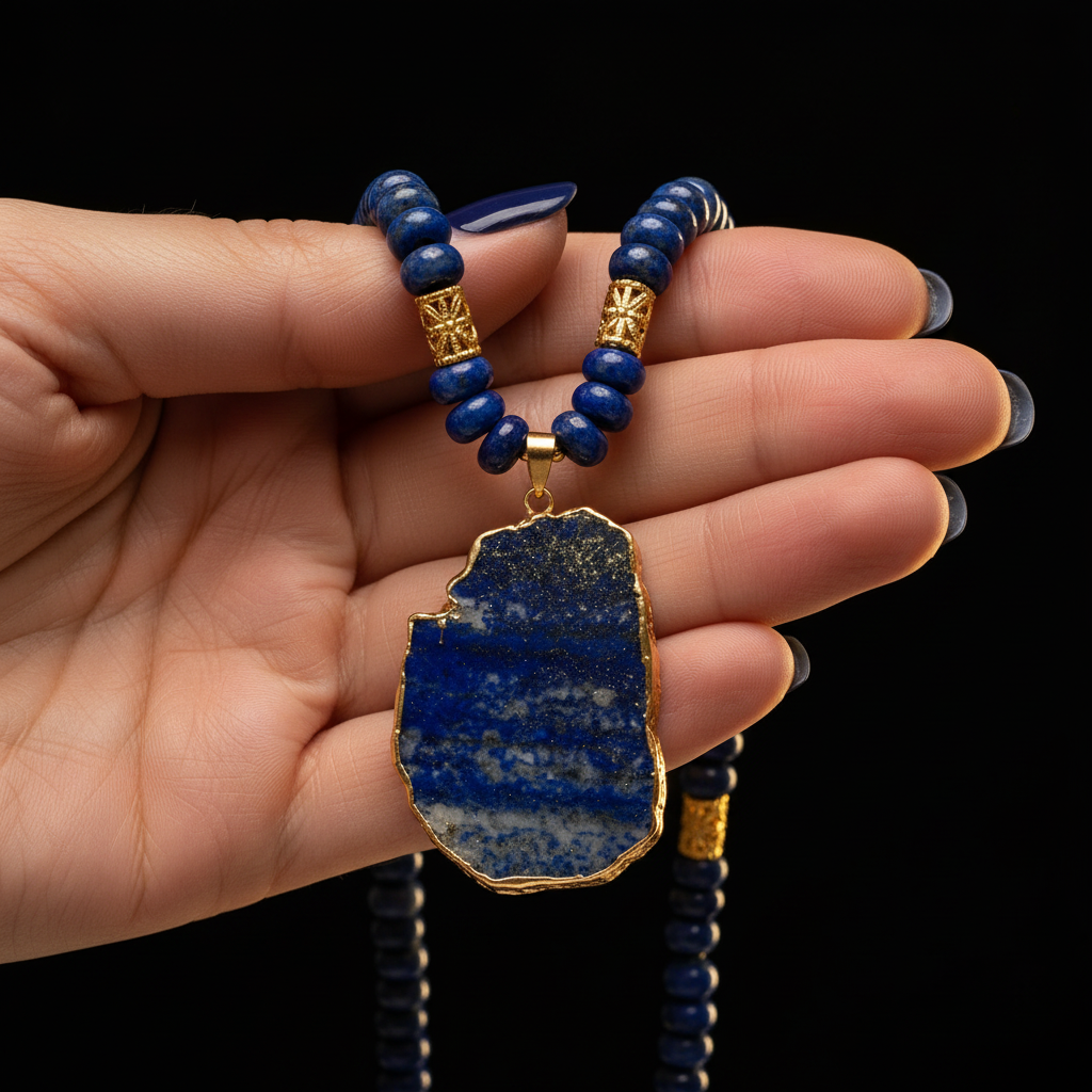 Midnight Lapis Statement Necklace macro hand black background gold halo