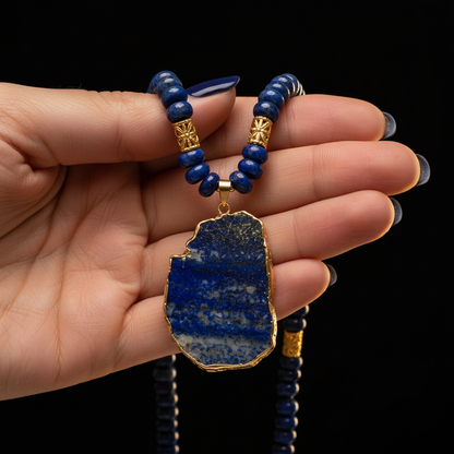 Midnight Lapis Statement Necklace macro hand black background gold halo