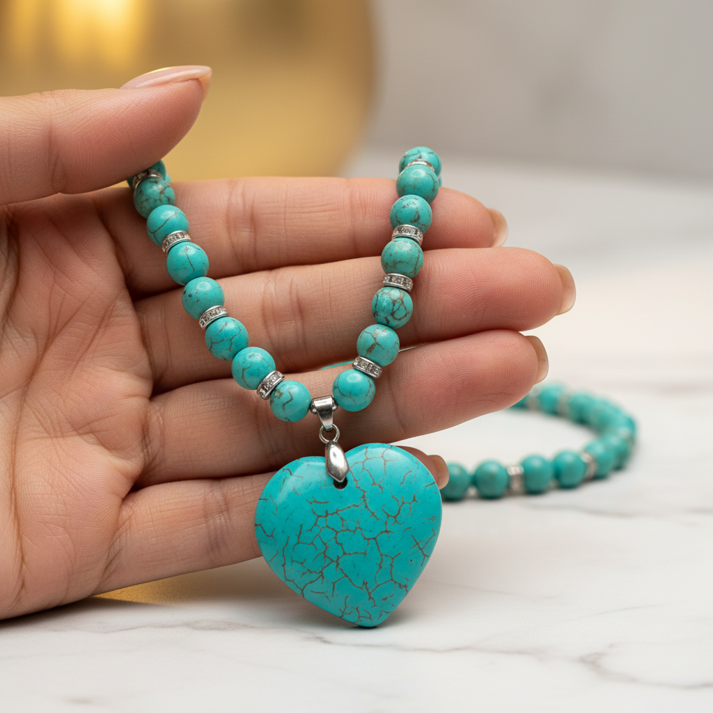 Turquoise Heart Necklace macro in hand white marble