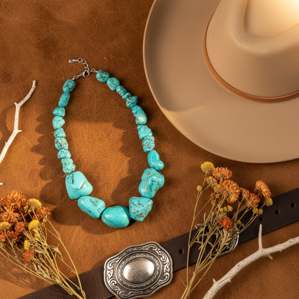 Turquoise Tides Statement Necklace western flat lay leather cowboy hat