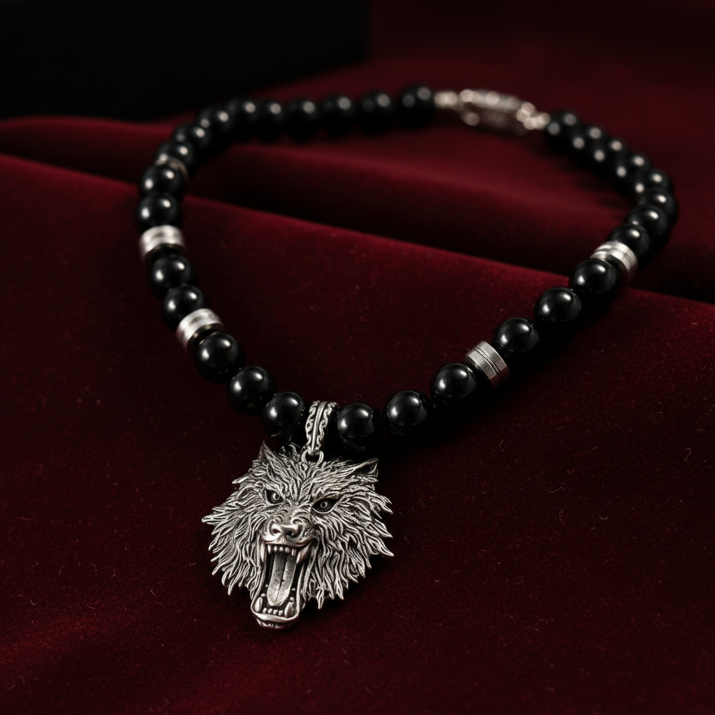 Silver Wolf Onyx Necklace - Red